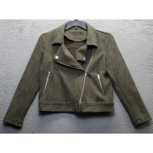 Apperloth A Moto Jacket Womens M Green Faux Suede Long Sleeve Asymmetrical‎ Zip